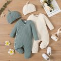 2pcs Baby Boy/Girl Solid Rib Knit Button Front Long-sleeve Jumpsuit with Hat Set Apricot image 1