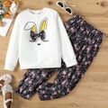 2pcs Kid Girl 3D Bowknot Design Rabbit Print Sweatshirt and Floral Print Pants Set White image 1