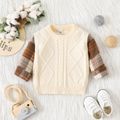 Baby Boy Plaid Long-sleeve Spliced Cable Knit Pullover Sweater Beige