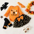 Halloween 4pcs Baby Girl 95% Cotton Rib Knit Graphic Bell Sleeve Romper and Polka Dot Mesh Skirt with Headband & Calf Sleeves Set Orange