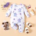 Baby Girl Allover Elephant & Butterfly Print Ruffle Trim Long-sleeve Jumpsuit Purple image 2