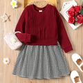 Kid Girl Faux-two Cable Knit Textured Houndstooth Splice Long-sleeve Dress MAROON