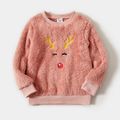Christmas Deer Pattern Embroidered Pink Fuzzy Long-sleeve Pullover for Mom and Me DarkPink image 2