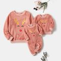Christmas Deer Pattern Embroidered Pink Fuzzy Long-sleeve Pullover for Mom and Me DarkPink image 1