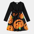 Halloween Family Matching Solid Spliced Pumpkin Print Scallop Edge Long-sleeve Belted Dresses and T-shirts Sets Black image 4