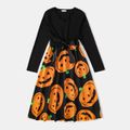 Halloween Family Matching Solid Spliced Pumpkin Print Scallop Edge Long-sleeve Belted Dresses and T-shirts Sets Black image 2