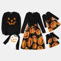 Halloween Family Matching Solid Spliced Pumpkin Print Scallop Edge Long-sleeve Belted Dresses and T-shirts Sets Black image 1