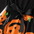 Halloween Family Matching Solid Spliced Pumpkin Print Scallop Edge Long-sleeve Belted Dresses and T-shirts Sets Black