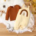 2pcs Baby Boy/Girl Solid Waffle Long-sleeve Pullover and Rainbow Embroidered Overalls Set Brown image 1