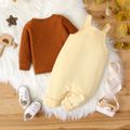 2pcs Baby Boy/Girl Solid Waffle Long-sleeve Pullover and Rainbow Embroidered Overalls Set Brown image 3