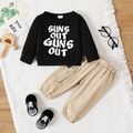 2pcs Baby Boy/Girl Long-sleeve Letter Print Sweatshirt and Flap Pocket Cargo Pants Set Black image 1