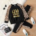 2pcs Kid Boy Letter Leopard Print Fleece Splice Sweatshirt and Pants Set Black