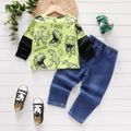 2pcs Toddler Boy Animal Dinosaur Print Faux-two Long-sleeve Tee and Ripped Denim Jeans Set Viridescence image 2