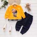 2pcs Toddler Boy Animal Bear Print Faux-two Sweatshirt and Pocket Design Pants Set Yellow