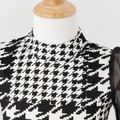 Black Houndstooth Spliced Mesh Puff-sleeve Bodycon Dress for Mom and Me BlackandWhite