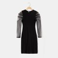 Mommy and Me 95% Cotton Rib Knit Spliced Mesh Long-sleeve Bodycon Dress Black image 2