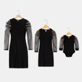 Mommy and Me 95% Cotton Rib Knit Spliced Mesh Long-sleeve Bodycon Dress Black image 1