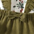 2pcs Kid Girl Floral Print Long-sleeve Tee and Bowknot Design Ruffled Suspender Skirt Set Army green