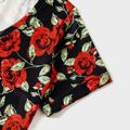 Family Matching Short-sleeve Allover Red Rose Floral Print Twist Knot Bodycon Dresses and Colorblock T-shirts Sets redblack image 4