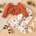 2pcs Baby Girl 100% Cotton Square Neck Long-sleeve Bow Front Crop Top and Allover Animal Print Flared Pants Set Brown image 1