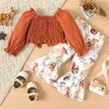 2pcs Baby Girl 100% Cotton Square Neck Long-sleeve Bow Front Crop Top and Allover Animal Print Flared Pants Set Brown image 2