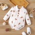 Baby Boy Allover Bear Print Long-sleeve Waffle Textured Romper Almond Beige image 1