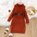 Toddler Girl Elegant Cable Knit Turtleneck Cold Shoulder Long-sleeve Dress Brown image 1