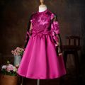 Kid Girl Elegant Floral Embroidered Stand Collar Mesh Splice Evening Party Dress Hot Pink image 2