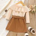 2pcs Toddler Girl Flounce Off Shoulder Blouse and Button Design Belted Skirt Set Brown image 5