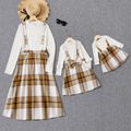 Mommy and Me Solid Rib Knit Mock Neck Long-sleeve Tops with Plaid Overall Dresses Sets Coffee