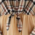Family Matching Button Front Plaid Spliced Mesh Dresses and Polo Shirts Sets LightKhaki