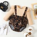 Baby Girl Solid Rib Knit Ruffle Long-sleeve Spliced Leopard Print Romper Almond Beige image 1