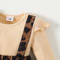 Baby Girl Solid Rib Knit Ruffle Long-sleeve Spliced Leopard Print Romper Almond Beige