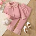 2pcs Kid Girl Fleece Splice Doll Collar Pink Jacket and Flared Pants Set Pink image 1
