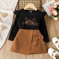 2pcs Toddler Girl Kitty Print Long-sleeve Ruffled Black Tee and Bowknot Design Shorts Set ColorBlock image 1