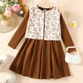 2pcs Kid Girl Solid Color Long-sleeve Dress amd Leopard Print Fleece Vest Set Apricot brown image 2