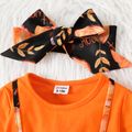 Thanksgiving Day 2pcs Baby Girl Allover Pumpkin Print Bow Front Spliced Solid Long-sleeve Dress with Headband Set Color block image 3