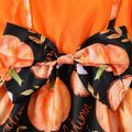 Thanksgiving Day 2pcs Baby Girl Allover Pumpkin Print Bow Front Spliced Solid Long-sleeve Dress with Headband Set Color block image 4