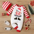 Christmas 2pcs Baby Boy Letter Print Striped Long-sleeve Jumpsuit with Hat Set REDWHITE image 1