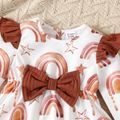 2pcs Baby Girl Allover Rainbow & Stars Print Ruffle Long-sleeve Bow Front Top and Solid Rib Knit Leggings Set Brown image 3
