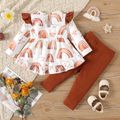 2pcs Baby Girl Allover Rainbow & Stars Print Ruffle Long-sleeve Bow Front Top and Solid Rib Knit Leggings Set Brown image 2