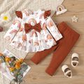 2pcs Baby Girl Allover Rainbow & Stars Print Ruffle Long-sleeve Bow Front Top and Solid Rib Knit Leggings Set Brown image 1