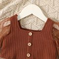 2pcs Baby Girl Polka Dot Mesh Long-sleeve Spliced Rib Knit Crop Top and Allover Butterfly Print Pants Set Brown