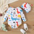 100% Cotton 2pcs Baby Boy Allover Colorful Dinosaur Print Long-sleeve Romper with Hat Set Colorful image 2