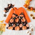 Thanksgiving Day 2pcs Baby Girl Allover Pumpkin Print Bow Front Spliced Solid Long-sleeve Dress with Headband Set Color block image 1