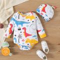 100% Cotton 2pcs Baby Boy Allover Colorful Dinosaur Print Long-sleeve Romper with Hat Set Colorful image 1