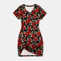 Family Matching Short-sleeve Allover Red Rose Floral Print Twist Knot Bodycon Dresses and Colorblock T-shirts Sets redblack image 2