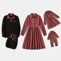 Family Matching Long-sleeve Red Plaid Button Front Shirt Dresses and Polo Shirts Sets Red