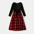 Family Matching Long-sleeve Button Front Solid Spliced Red Plaid Dresses and Hooded Shirts Sets redblack image 5