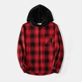 Family Matching Long-sleeve Button Front Solid Spliced Red Plaid Dresses and Hooded Shirts Sets redblack image 2